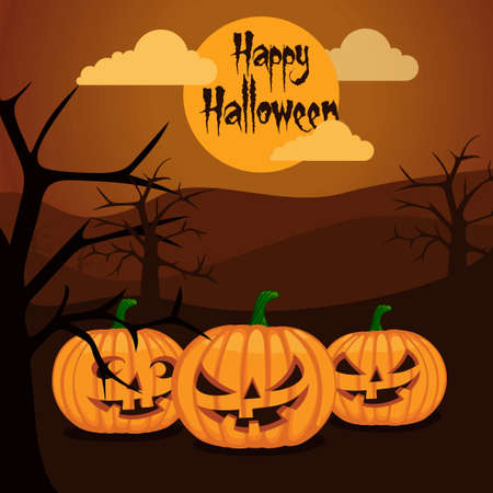 Happy Halloween Background with smiling pumpkin at forest design.のイラスト素材