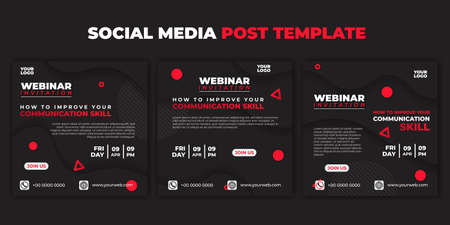 Social media post template. Set of Social media dark fluid concept design. Webinar invitation banner with glow red and white in the dark. good template for online advertising design.のイラスト素材