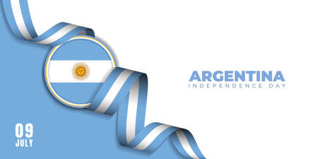 Argentina Independence Day background template design with Argentina emblem flag and flying blue white ribbon. Good template for Argentina National Day design.のイラスト素材