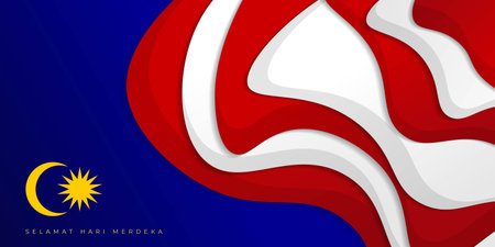 Red and white paper cut on blue color background design. Malaysian Text mean is Happy Independence Day. Good template for Malaysia National Day design.のイラスト素材