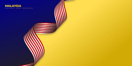 Blue Yellow Background with waving Malaysian flag design. Malaysian Text mean is Happy Independence Day. Good template for Malaysia National Day design.のイラスト素材
