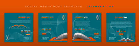 Set of Social media post template with orange and green abstract background. International Literacy day template design. good template for advertising of web banners.のイラスト素材