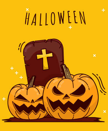 Smile Pumpkin design with tombstone vector illustration. Good template for Halloween design.のイラスト素材