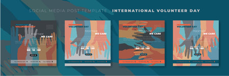 Set of social media post template with colorful hands background design. International volunteer day template design. Good template for Volunteer design.のイラスト素材