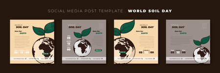 Set of social media post template with Green leaf on earth design. World Soil Day template design....