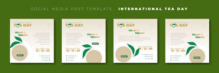 Set of social media post template with simple tea cup and leaf design. International tea day template design. Good template for online advertisement design.のイラスト素材
