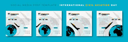 Set of social media post template with plane around the earth design. International civil aviation day template design. Also good template for airplane design.のイラスト素材