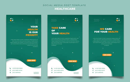 Set of social media template in green and white with wavy background design. Green healthcare social media template. Also good template for web banner design.のイラスト素材