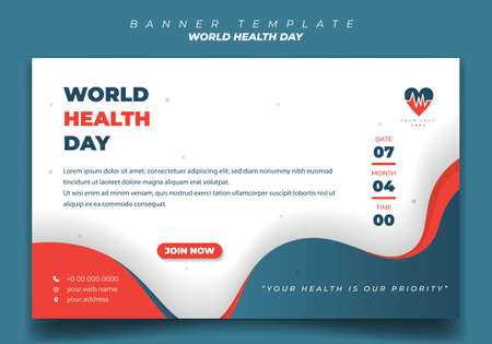 World Health Day banner template with blue, orange, and white in landscape background. Good template for online advertisement design.のイラスト素材