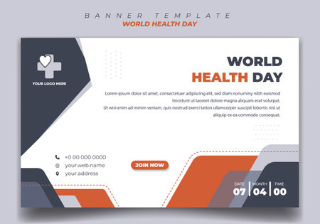 World Health Day template for social media banner with white, dark gray and orange color in landscape background with simple shape design. Good template for online advertisement design.のイラスト素材
