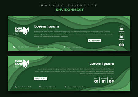 Banner template with green paper cut background for environment or nature designのイラスト素材