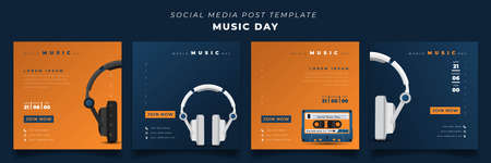 Set of social media post template with headset and cassette design for world music day