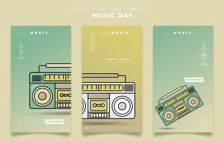 Set of social media post template for world music day with radio tape in portrait backgroundのイラスト素材