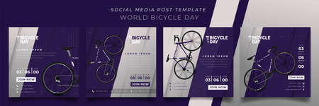 Set of social media post template in purple square background for world bicycle day design