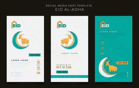 Set of social media template with line drawing of crescent and goat in white and green backgroundのイラスト素材