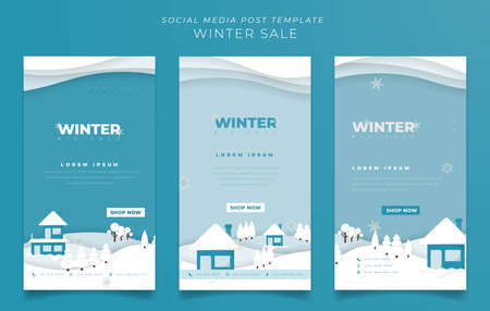 Social media post template in different green color in winter background for advertisementのイラスト素材