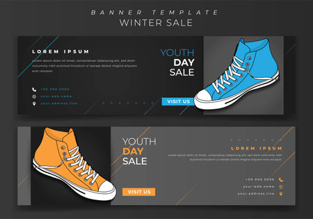Web banner template design with blue and yellow sneaker in dark backgroundのイラスト素材