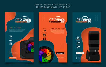 Set of social media post template with camera and lens design for world photography day