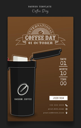 Banner template in brown portrait background with vacuum flask for international coffee dayのイラスト素材