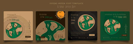 Social media template in cartoon design in brown and green background for ozone layer day