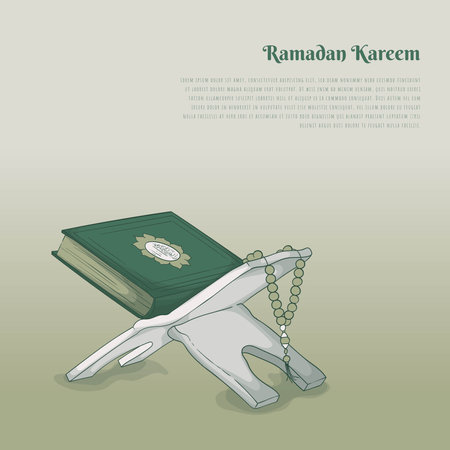 Al-qur'an with prayer beads on folding table in cartoon designのイラスト素材