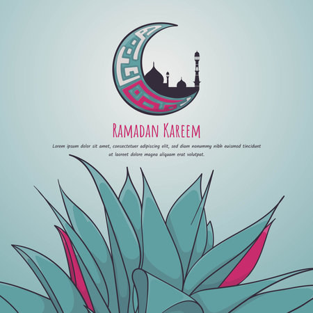 Ramadan kareem template design with leaves and crescent moon with mosque designのイラスト素材