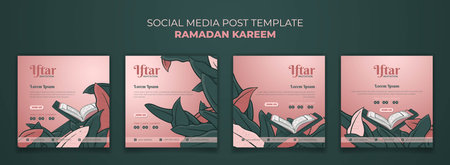 social media post template with qur'an and green leaves in hand drawn designのイラスト素材