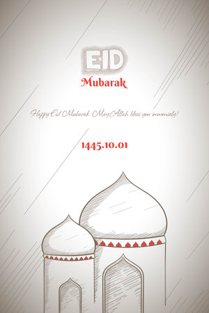 Eid mubarak background in hand drawn design with simple mosqueのイラスト素材