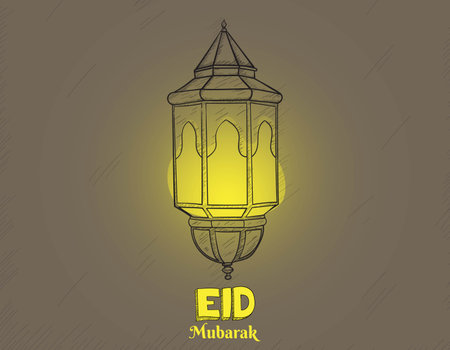 Islamic lantern in hand drawn with yellow light designのイラスト素材