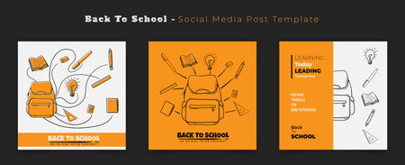 Set of social media post template with line art of school stationary designのイラスト素材
