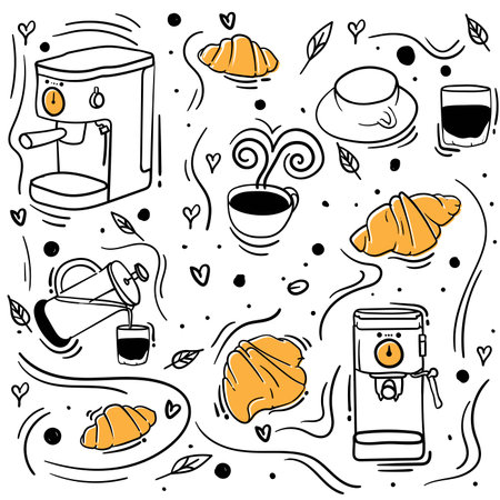 Coffee background design with hand drawn of coffee cup and coffee maker designのイラスト素材