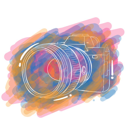 Camera with big lens in hand drawn and water painting designのイラスト素材