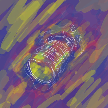 Camera in hand drawn design with colorful background in water painting design