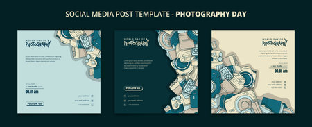 Green social media post template with camera in doodle art design for photography dayのイラスト素材