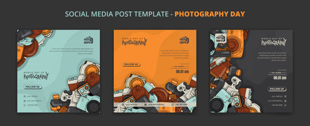 Set of social media post template for photography day campaign with background of camera