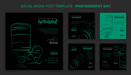 Black green social media post template with line art of camera designのイラスト素材