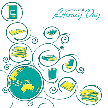 Ornament design with globe and book in hand drawn design for world literacy dayのイラスト素材