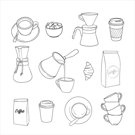 Set of coffee icons in line art design for coffee shop templateのイラスト素材