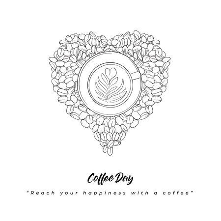 Coffee cup hand drawn design surrounded by coffee that forms a heartのイラスト素材