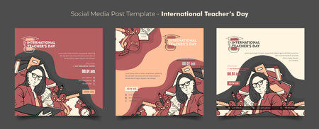 social media post template with hand drawn illustration of teacher and stationary