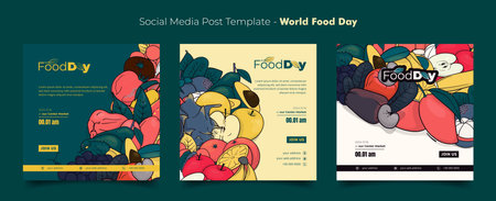 Set of social media post template with fruit background in doodle art design for world food dayのイラスト素材