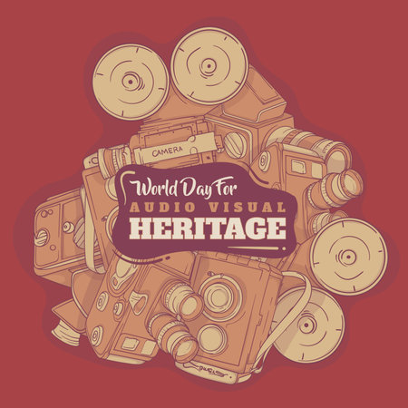Retro camera vector illustration in doodle art design for world day of audiovisual heritageのイラスト素材