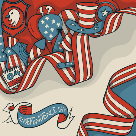 Festive 4th of July illustration with flag-patterned ribbons, star-and-stripes, and patriotic hats for American Independence Day celebration designのイラスト素材