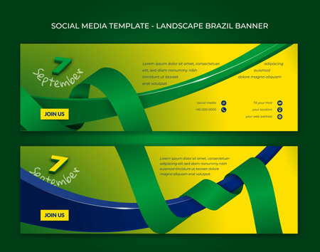 Set of landscape banner template with flying 3d shape and wrapping ribbon in brazil color concept background design. Brazil independence dayのイラスト素材