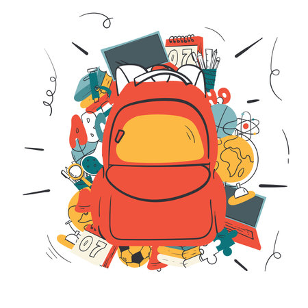 Back to school template design with the backpack and stationery colorful icons in doodle art design. back to school background designのイラスト素材