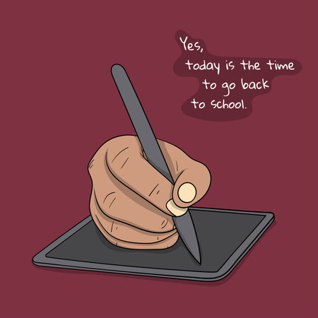 Back to school. Vector illustration of writing the hand on tablet in cartoon design for back to school or business template. writing tablet in carton designのイラスト素材