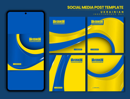 Blue yellow background in carousel set for ukrainian independence day campaign. set of social media post with waving blue yellow shape backgroundのイラスト素材