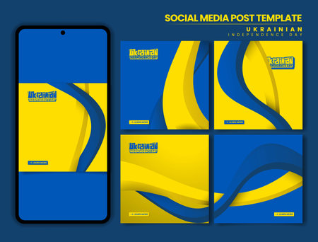 Set of social media post in carousel for ukrainian independence day campaign with waving 3d shape background. blue yellow background designのイラスト素材