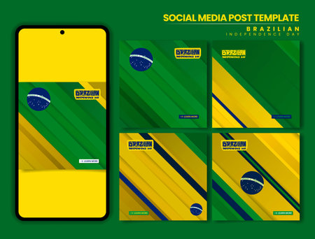 Brazil independence day. Set of carousel post template with brazil emblem and green yellow geometric background. brazil national day design templateのイラスト素材