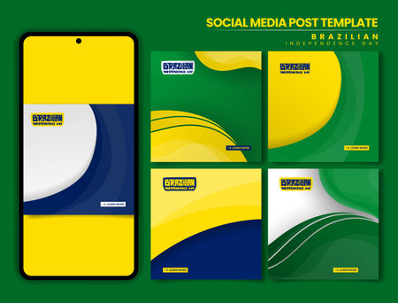 Brazil independence day. Set of carousel post in green yellow blue background with waving shapes design. Brazil national day campaign designのイラスト素材